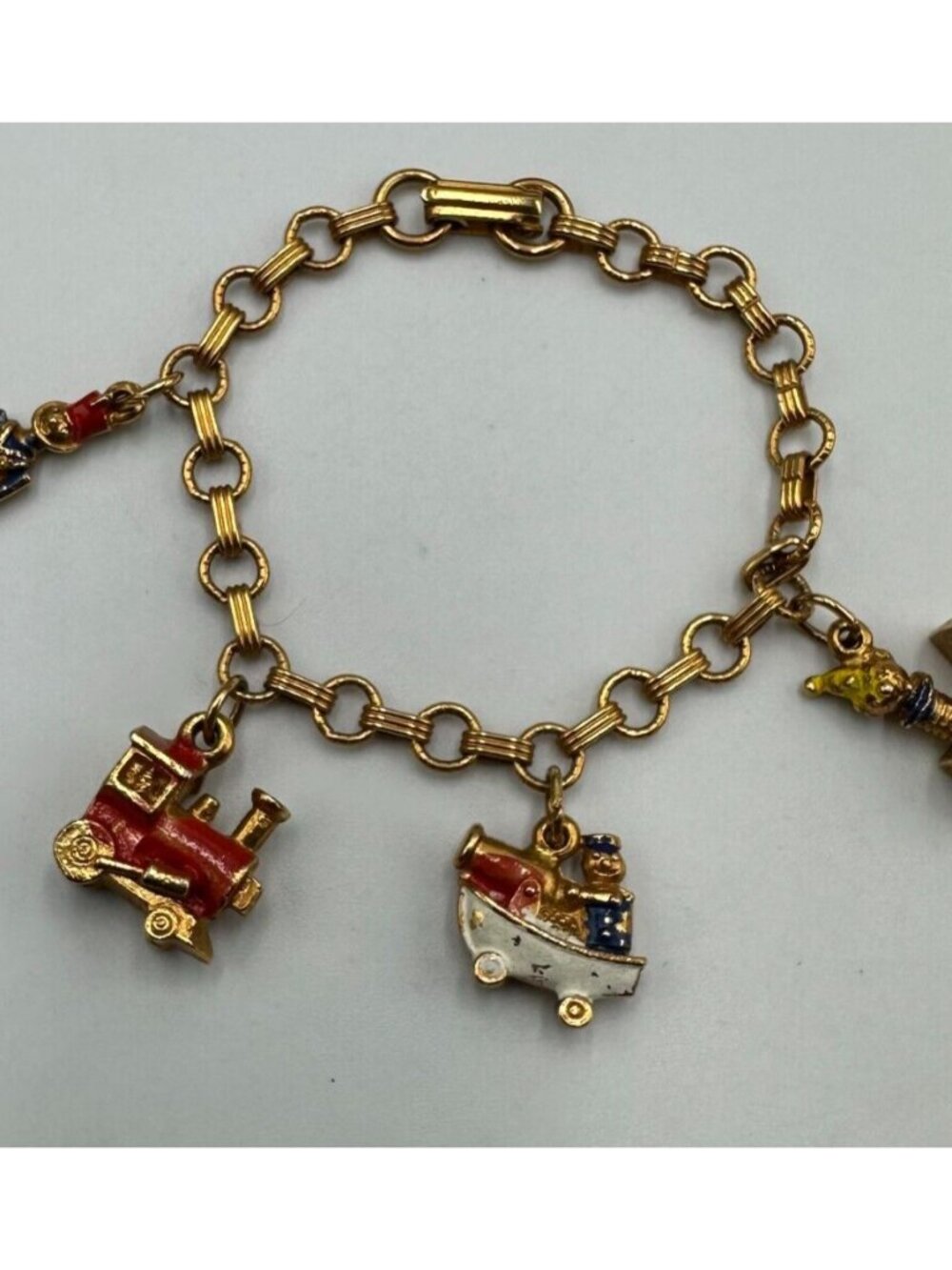 Vintage Charm Bracelet Gold Tone Toy Charms Train Jack In The Box Book Chain 6"